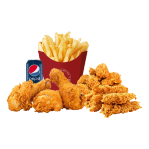 2 Pcs Chicken, 2 Hot Wings, 1 Pc Crispy Strip with Fries & Drink or Side