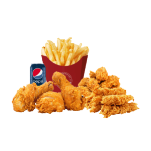 3 Pcs Chicken, 2 Hot Wings, 1 Crispy Strip with Fries & Drink or Side