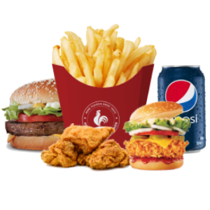 1 Fillet Tower Burger, 1 PC Chicken, 2 Hot Wings, 1 Chicken Strip