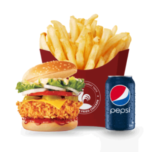 1Chicken Burger, 1pcs Chicken, Reg fries, Drinks, 1 Side