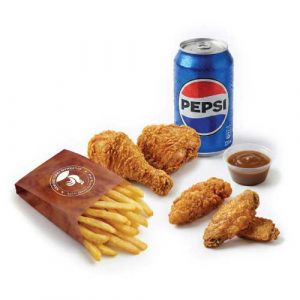 2 Pcs Chicken, 2 Hot Wings, 1 Pc Crispy Strip, Fries, Drink or Side