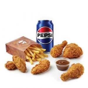 3 Pcs Chicken, 2 Hot Wings, 1 Pc Crispy Strip, Fries, Drink or Side