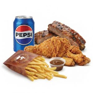 1 Pc Chicken, 2 Ribs, 2 Hot Wings, Fries, Drink or Side