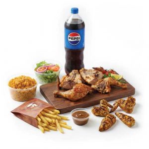 Whole Peri Peri Rice Chicken, 6 Peri Peri Wings, 6 Peri Peri Strips, 2 Portions Rice, 2 Fries, Salad, 1.5L Drink