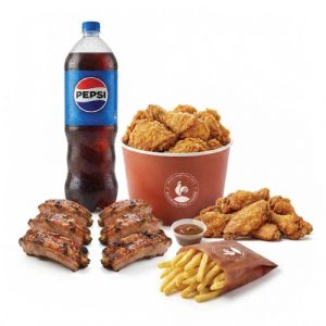 8 Pcs Chicken, 6 Hot Wings, 6 BBQ Ribs, 4 Reg Fries, Any 2 Large Sides, 1.5L Drink