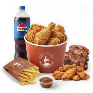 10 Pcs Chicken, 6 Hot Wings, 6 BBQ Ribs, 4 Reg Fries, Any 2 Large Sides, 1.5L Drink