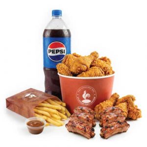 12 Pcs Chicken, 6 Hot Wings, 6 BBQ Ribs, 4 Reg Fries, Any 2 Large Sides, 1.5L Drink