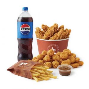 12 Pcs Crispy Strips, Reg Nuggets, Reg Popcorn, 4 Reg Fries, Any 2 Large Sides, 1.5L Drink